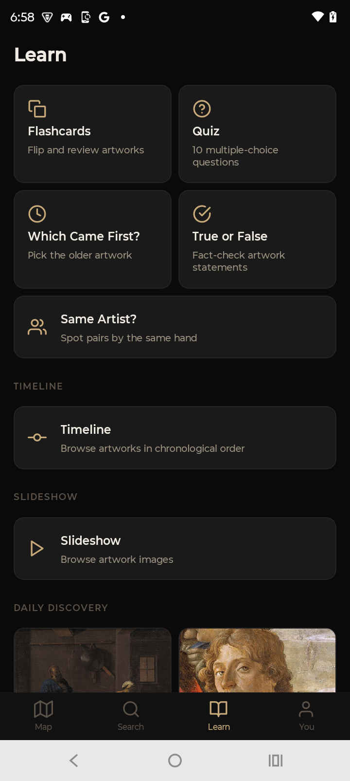 Learn screen with flashcards, quiz, and more