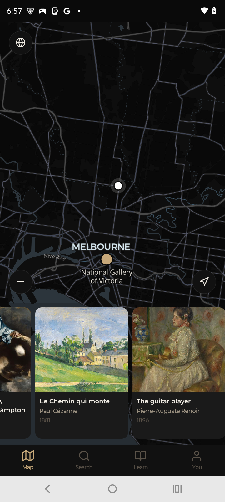 Map view with nearby galleries and artwork cards
