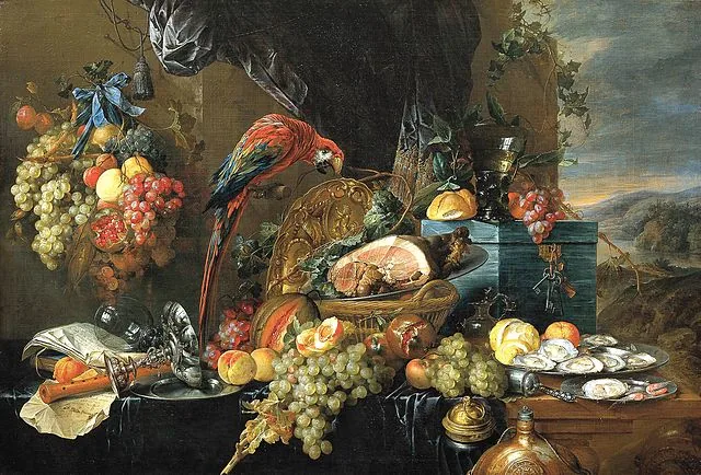 A Richly Laid Table with Parrots by Jan  Davidsz de Heem, 1650