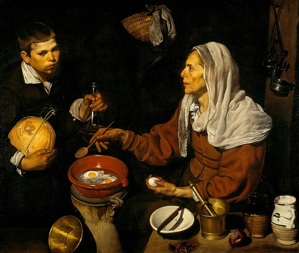 An Old Woman Cooking Eggs by Diego Rodríguez de Silva Velázquez, 1618