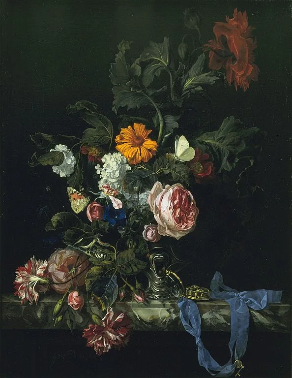 Flower still life with a watch by Willem van Aelst, 1663