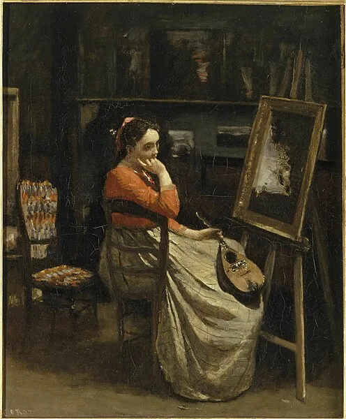 Jeune femme pensive, une mandoline à la main by Jean-Baptiste-Camille Corot, 1865