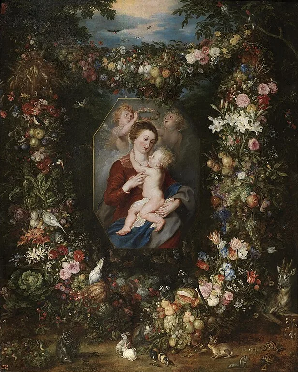 Madonna and Child in a Garland of Flowers and Fruit by Jan  Brueghel the Elder, 1620
