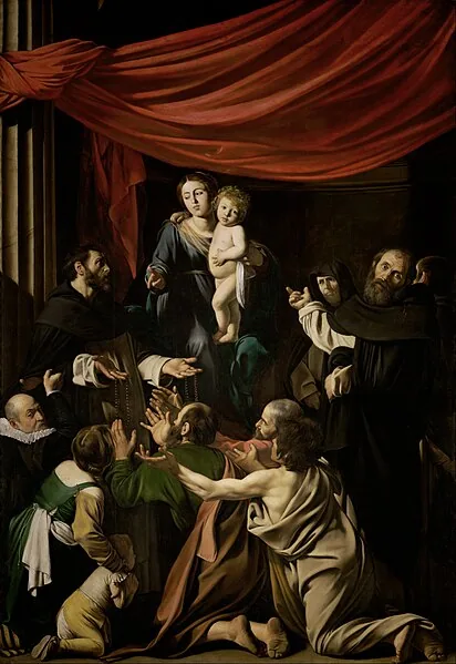 Madonna of the Rosary by Michelangelo Merisi da  Caravaggio, 1605