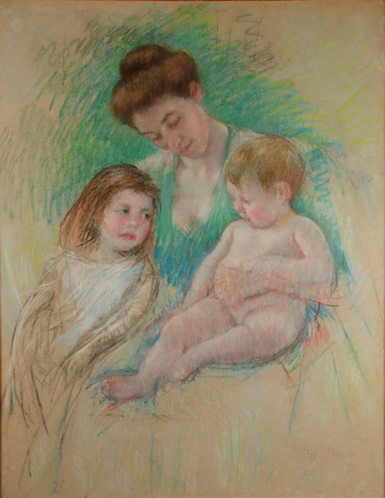 Mother Looking Down Embracing Both of Her Children by Mary Cassatt, 1905
