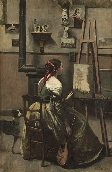 Woman Seated Before an Easel, a Mandolin in her Hand  by Jean-Baptiste-Camille Corot, 1868