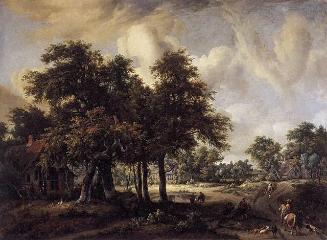 Wooded landscape with cottages   by Meindert  Hobbema, 1665
