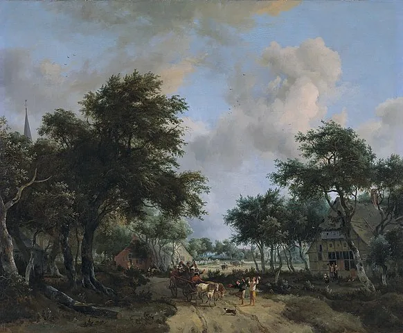 Wooded Landscape with Merrymakers in a Cart by Meindert  Hobbema, 1665